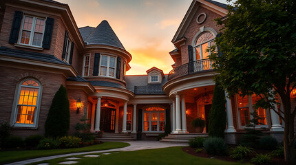 Fototapeta premium Luxury Brick House at Sunset: A Stunning Architectural Masterpiece