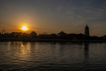 Naklejka premium Buddhism, temples, pagodas, faith, dusk, sunset, similar to a church, prayer, repentance, God, deity, blessing, bringing good luck, background