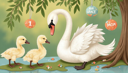 Obraz premium Swan nurturing ducklings in serene pond with decorative ornaments