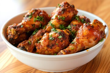 fresh chicken drumstick in white bowl whit wood background 