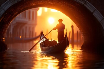 A romantic gondola ride in Venice, with a gondolier serenading a couple under a historic stone bridge