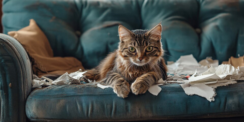 A calm cat relaxes on a disheveled couch with ripped cushions. Around it are shreds of paper, creating a playful yet messy atmosphere in the living room.