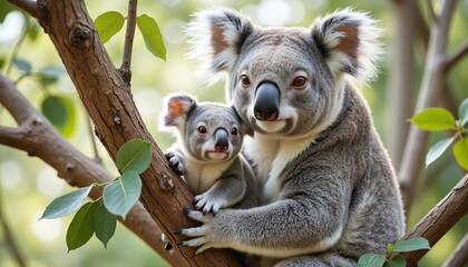 Fototapeta premium Koala mother and baby cuddling on a tree branch