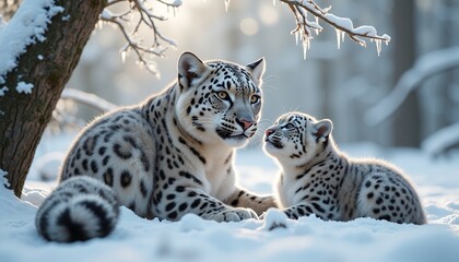 Snow leopards bonding in a snowy forest