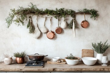 A rustic kitchen featuring an old cast-iron stove, hanging copper pots, and dried herbs tied above the counter