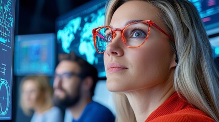 A focused woman in bright glasses analyzes data on screens in a tech-savvy environment, showcasing teamwork and modern technology.