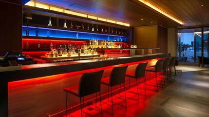 a cosy, modern and stylishly illuminated luxury bar in restaurant