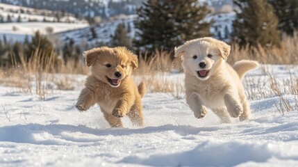 Two playful Chinook puppies running and chasing each other in snowy fields