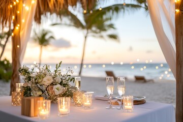 A serene beachside dinner setup, with a table for two adorned with candles, flowers, and a breathtaking ocean view