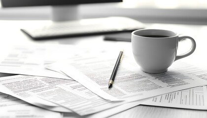 Close-Up of Office Desk with Papers, Pen, and Coffee Mug – Professional Workspace Concept