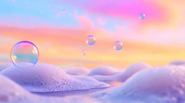 Soap bubbles floating and bursting in a surreal landscape
