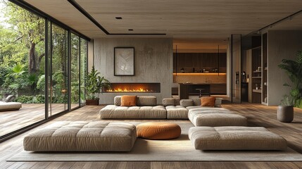 Luxurious modern living space with a cozy fireplace. Generative AI