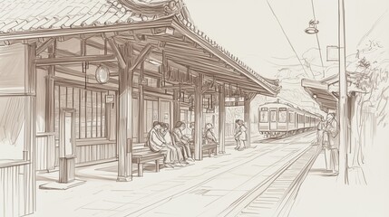 Fototapeta premium A sketch of a quaint Japanese train station, capturing the intricate details of the wooden architecture, with a traditional roof and lattice work.