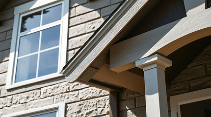 Elegant Home Exterior: Modern Brick and Wood Porch Design. Discover stunning architectural details and luxurious home features. Ideal for real estate and home improvement inspiration.