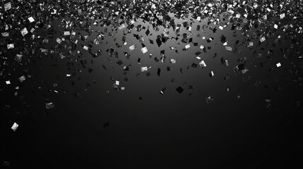 Silver confetti falling on black background.