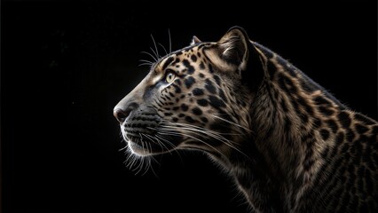 Naklejka premium Close-up profile of a leopard showcasing its elegant features against a dark background 