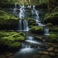 A hidden waterfall cascading into a sparkling pool surrounded by moss-covered rocks.