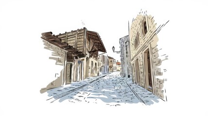 Cobblestone Street Scene in an Old European Town