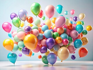 Pastel Balloons Floating, Cheerful Celebration, White Background Stock Photo