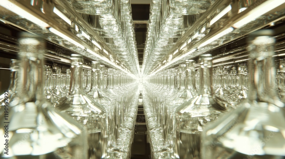 Poster A symmetrical pattern of clear bottles moving along a production line, their shiny surfaces catching the factory lights, showcasing high efficiency and precision