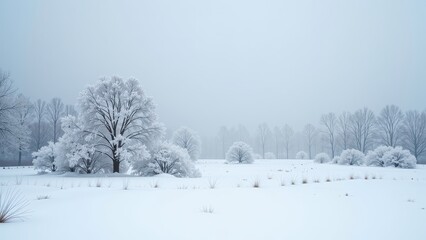 A serene, snow-covered field with speckled green grass and a solitary tree standing guard, creating a tranquil winter landscape vista