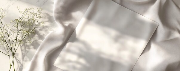 Obraz premium Empty card mockup on white satin with gypsophila flowers and marble background