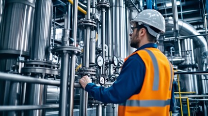 A chemical plant engineer overseeing a distillation column, with pipes and control valves in the background, Chemical plant scene