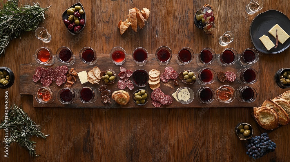 Aufkleber A top view of a wooden table with glasses of red wine at different fill levels, surrounded by a charcuterie board featuring fresh bread, cheese, and olives