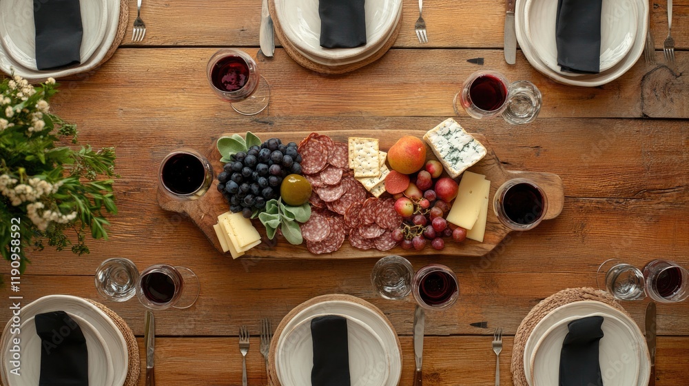 Poster A top-down view of a rustic table with glasses of red wine in varying levels and a charcuterie board, complete with fresh cheeses, meats, and fruits for a perfect meal