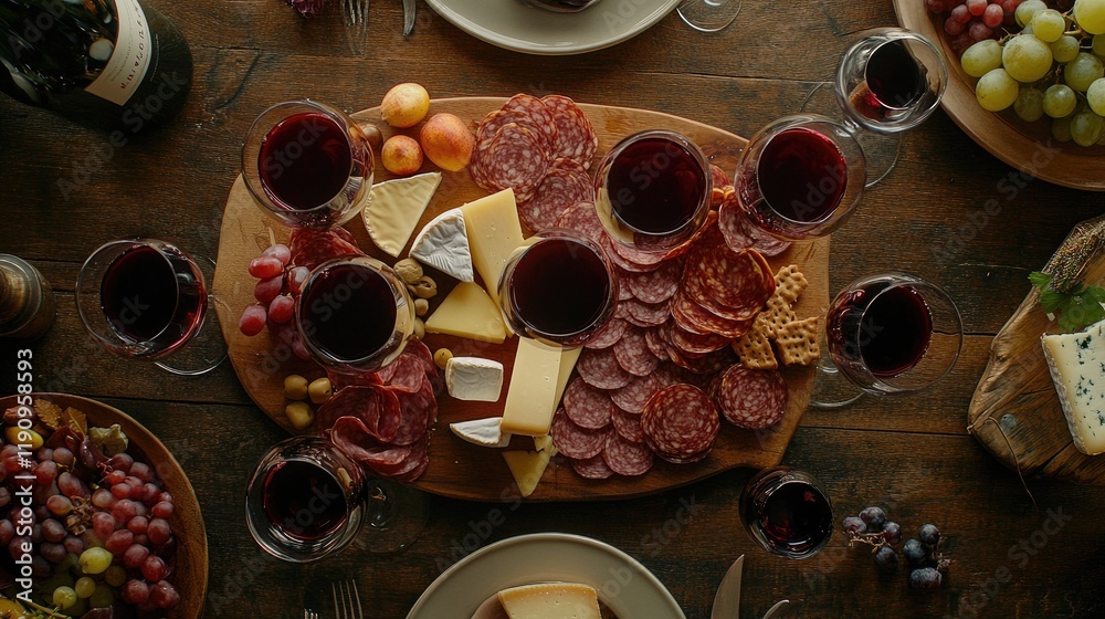 Poster A top-down view of a rustic table with glasses of red wine in varying levels and a charcuterie board, complete with fresh cheeses, meats, and fruits for a perfect meal