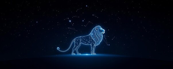 Leo constellation glowing brightly in a dark sky, celestial lion standing guard over the universe
