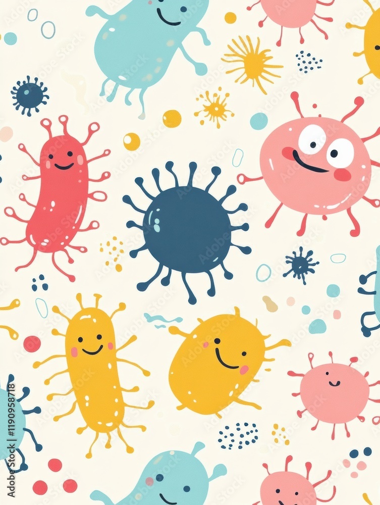 Leinwandbilder Cartoon microbes exhibit joyful expressions in a colorful and playful design showing various shapes and sizes. Generative AI