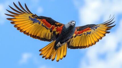Fototapeta premium Colorful parrot in flight against a blue sky.