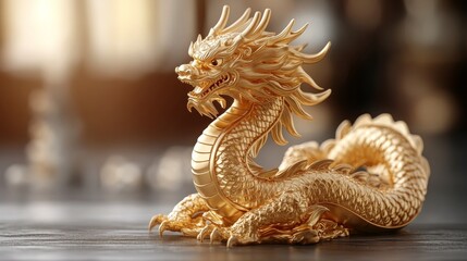 Obraz premium Golden dragon sculpture representing power, strength, and artistry in a serene indoor setting
