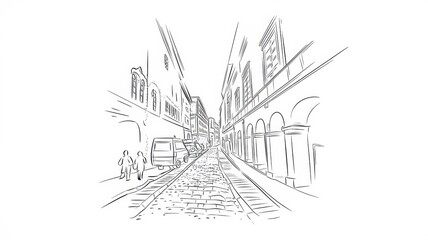 Sketch of a cobblestone street with buildings and people