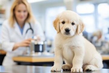 A veterinary technician preparing a vaccine for a puppy sitting patiently on an examination table