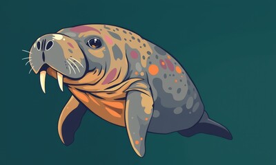Illustrative depiction of a digitally rendered prehistoric aquatic creature resembling a seal with prominent tusks and a colorful spotted skin pattern