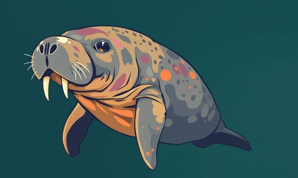 Illustrative depiction of a digitally rendered prehistoric aquatic creature resembling a seal with prominent tusks and a colorful spotted skin pattern