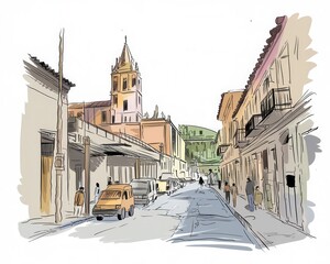 Obraz premium Sketch of a City Street with a Tall Church Tower