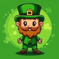 Cute cartoon leprechaun character wearing green attire and a cheerful expression, standing against a vibrant green background adorned with shamrocks for festive celebrations