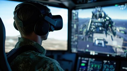 Military pilot wearing a vr headset, engaged in helicopter flight training using a simulator, immersing in a realistic cockpit environment that enhances aviation skills