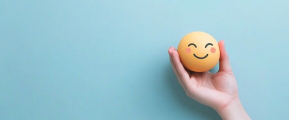 Emoticon of Joy, individual expressing happiness with a colorful emoticon against a serene blue backdrop, ideal for uplifting web content.