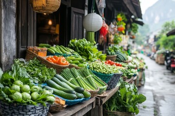 A vibrant street market in an Asian country, with fresh vegetables neatly arranged in colorful baskets