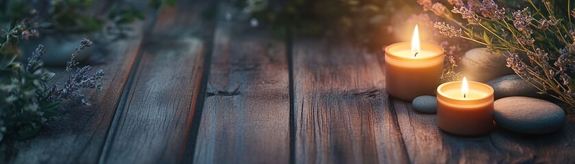 Luxurious wellness retreat featuring glowing candles, herbs, and smooth stones in a tranquil environment