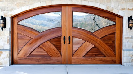 Elegant Wooden Garage Door with Arch and Glass Inserts