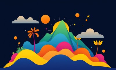Colorful Abstract Mountain Landscape Illustration with Vibrant Sun, Clouds, and Nature Elements in a Surreal Artistic Style