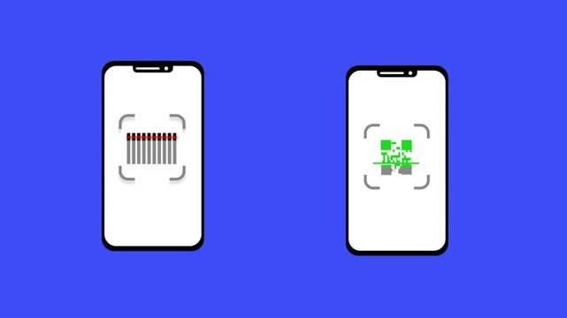 QR code and barcode scanning concept on smartphone. Scanner icon animation isolated on blue color  background. Suitable for secure transaction, payment and authentication. Motion graphics. 