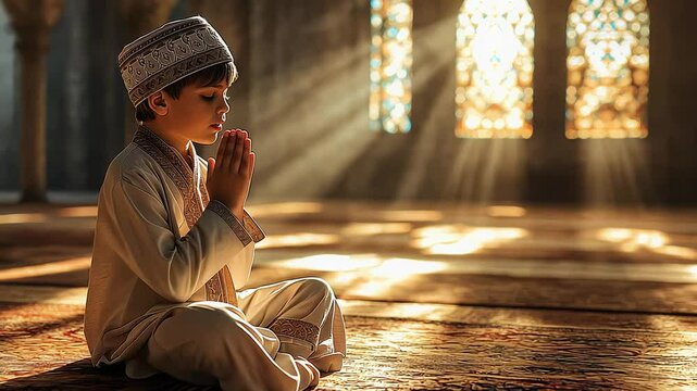 Little Muslim boy prays in a beautiful mosque filled with sunlight and tranquility in the afternoon