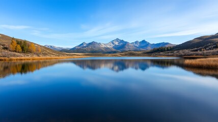 Scenic Autumn Landscape with Majestic Mountains Reflected in Calm Lake