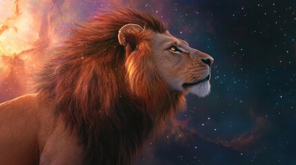 Fototapeta premium Lion prowling across a cosmic horizon, its mane glowing with radiant starlight